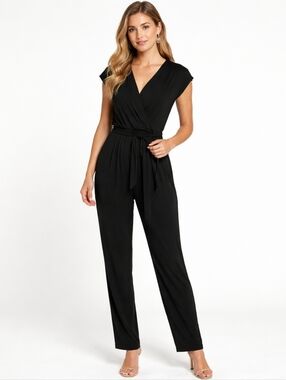 Rolla Coster Black Wrap Jumpsuit Size Large Stretch Tie Waist Cap Sleeve
